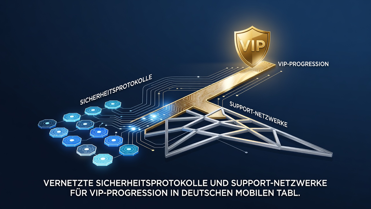 Illustration von Support-Netzwerken und VIP-Progression in deutschen mobilen Tischspiel-Arenen mit Fokus auf Live-Dealer und Sicherheitsprotokolle